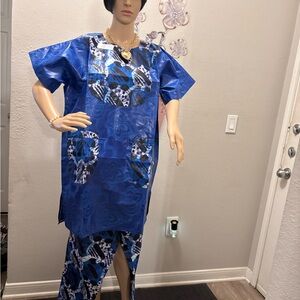 Blue Patterned Two-Piece Dress Set